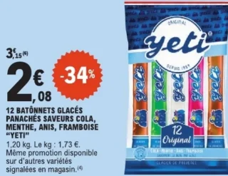 12 Bâtonnets glacés panachés saveurs cola, menthe, anis, framboise Yeti
