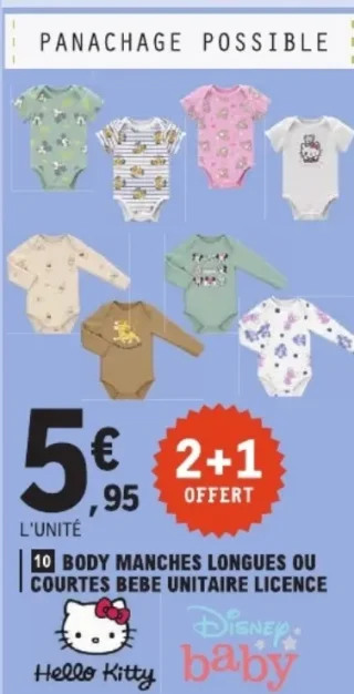 Body manches longues ou courtes bébé unitaire licence Disney Baby / Hello Kitty