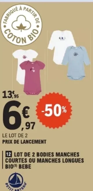 Lot de 2 bodies manches courtes ou manches longues bio bébé Petit Bateau