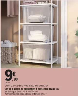 Lot de 3 boîtes de rangement à roulettes blanc 15L