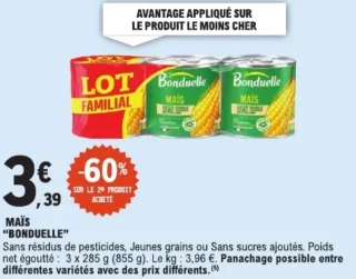 Maïs Bonduelle Sans résidus de pesticides, Jeunes grains ou Sans sucres ajoutés