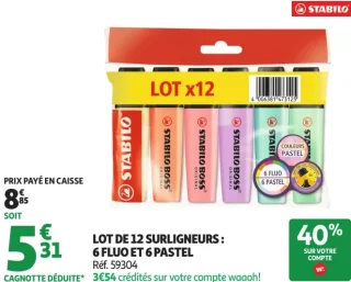 Lot de 12 surligneurs : 6 fluo et 6 pastel Stabilo