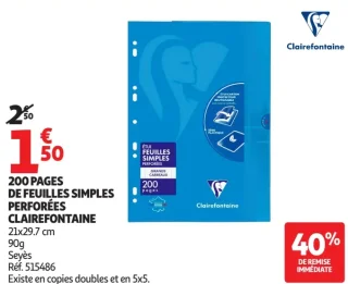 200 pages de feuilles simples perforées Clairefontaine
