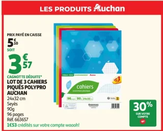 Lot de 3 cahiers piqués polypro Auchan