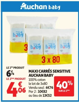 Auchan Baby Maxi carrés sensitive 100% coton