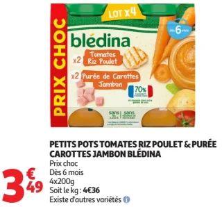 Petits Pots Tomates Riz Poulet & Purée Carottes Jambon Blédina