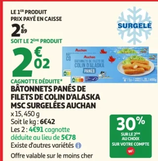Bâtonnets panés de filets de Colin d'Alaska MSC surgelées Auchan