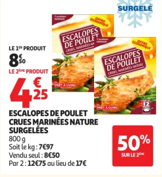 Escalopes de poulet crues marinées nature surgelées