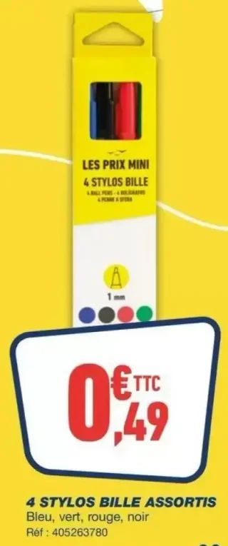 4 Stylos bille assortis Bleu, vert, rouge, noir