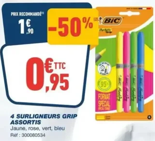 4 Surligneurs Grip Assortis Bic