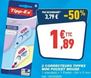 2 CORRECTEURS TIPPEX MINI POCKET MOUSE 1 standard + 1 Pastel