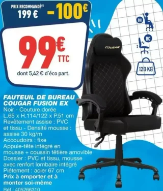 Fauteuil de bureau Cougar Fusion EX Noir