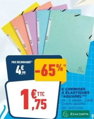 6 chemises à élastiques "Aquarel" Exacompta A4 - 3 rabats - Carte