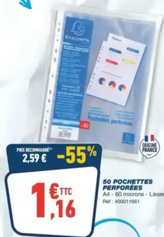 50 pochettes perforées Exacompta A4 - 60 microns - Lisses