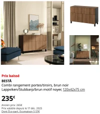 IKEA BESTÅ Combi rangement portes/tiroirs, brun noir Lappviken/Stubbarp/brun motif noyer, 120x42x75 cm