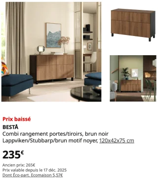 IKEA BESTÅ Combi rangement portes/tiroirs, brun noir Lappviken/Stubbarp/brun motif noyer, 120x42x75 cm