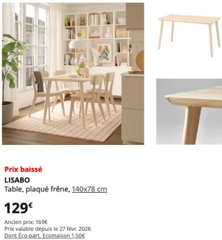 IKEA LISABO Table, plaqué frêne, 140x78 cm