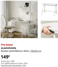 IKEA GLADHÖJDEN Bureau assis/debout, blanc, 100x60 cm
