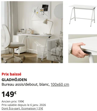 IKEA GLADHÖJDEN Bureau assis/debout, blanc, 100x60 cm
