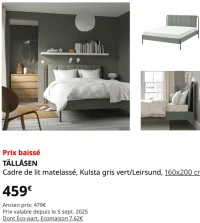 IKEA TÄLLÅSEN Cadre de lit matelassé, Kulsta gris vert/Leirsund, 160x200 cm