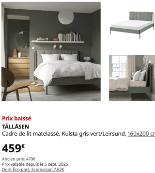 IKEA TÄLLÅSEN Cadre de lit matelassé, Kulsta gris vert/Leirsund, 160x200 cm