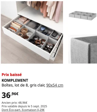 IKEA KOMPLEMENT Boîtes, lot de 8, gris clair, 90x54 cm