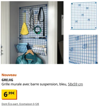 IKEA GREJIG Grille murale avec barre suspension, bleu, 58x59 cm