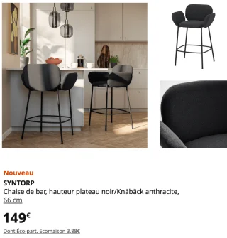 IKEA SYNTORP Chaise de bar, hauteur plateau noir/Knäbäck anthracite, 66 cm