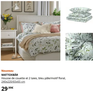 MATTOXBÄR Housse de couette et 2 taies, bleu pâle/motif floral, 240x220/65x65 cm