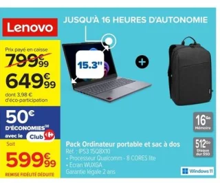 Pack Ordinateur portable et sac à dos Lenovo IP3 15Q8X10