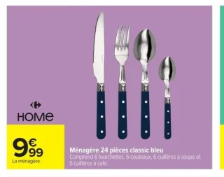 Ménagère 24 pièces classic bleu Carrefour HOME