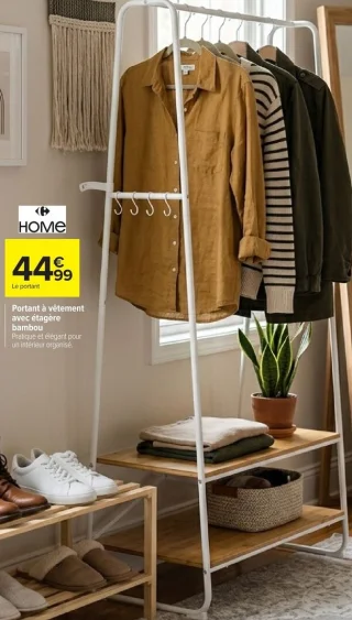 Portant à vêtement avec étagère bambou Carrefour HOME