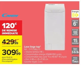 Lave linge top Candy EYTC106L2-S