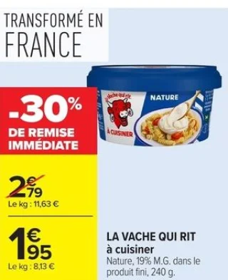 LA VACHE QUI RIT à cuisiner Nature, 19% M.G. dans le produit fini, 240 g.