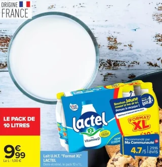 Lait U.H.T. "Format XL" LACTEL Demi-écrémé, le pack 10 x 1 L.