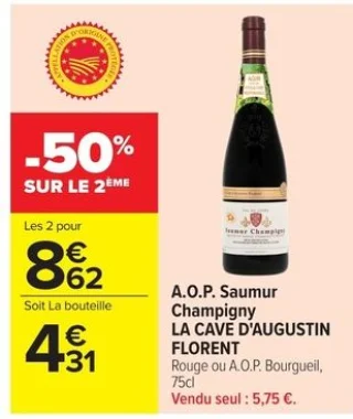 A.O. Saumur Champigny LA CAVE D'AUGUSTIN FLORENT Rouge ou A.O.P. Bourgueil, 75cl