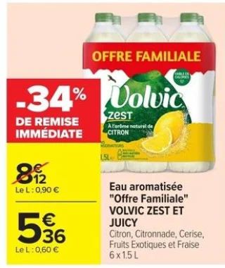 Eau aromatisée "Offre Familiale" VOLVIC ZEST ET JUICY Citron, Citronnade, Cerise, Fruits Exotiques et Fraise, 6 x 1.5 L