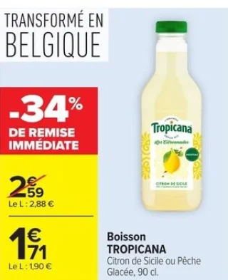 Boisson TROPICANA Citron de Sicile ou Pêche Glacée