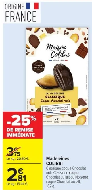 Madeleines COLIBRI Classique coque Chocolat noir, Classique coque Chocolat au lait ou Noisette coque Chocolat au lait