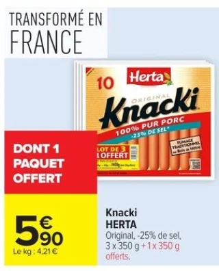 Knacki HERTA Original, -25% de sel, 3 x 350 g + 1 x 350 g offerts