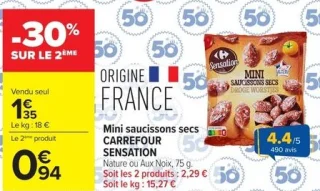 Mini saucissons secs CARREFOUR SENSATION Nature ou Aux Noix, 75 g