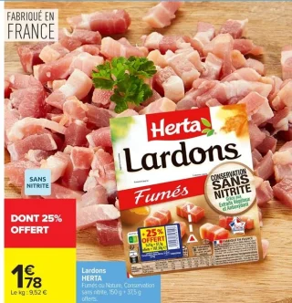 Lardons HERTA Fumés ou Nature, Conservation sans nitrite, 150 g + 37,5 g offerts