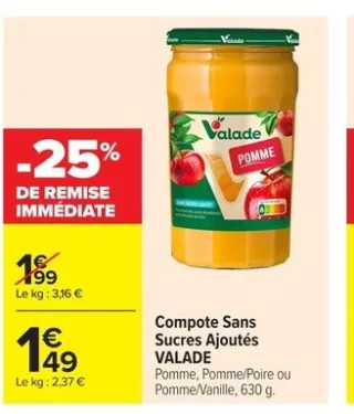 Compote Sans Sucres Ajoutés VALADE Pomme, Pomme/Poire ou Pomme/Vanille