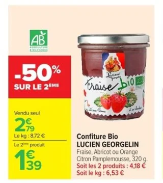 Confiture Bio LUCIEN GEORGELIN Fraise, Abricot ou Orange Citron Pamplemousse