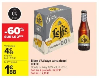 Bière d'Abbaye sans alcool LEFFE Blonde ou Ruby