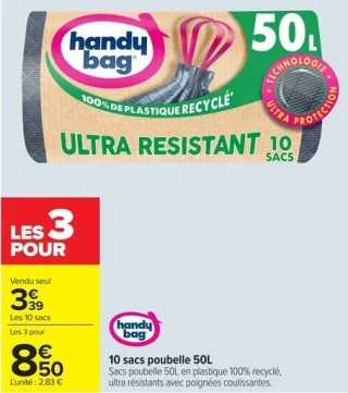 Handy bag 10 sacs poubelle 50L Ultra résistant