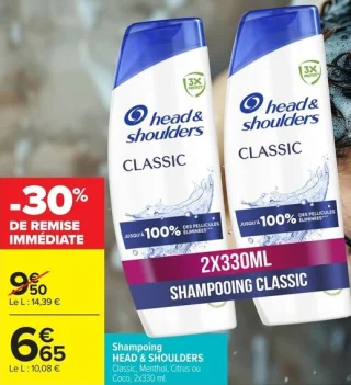 Shampoing HEAD & SHOULDERS Classic, Menthol, Citrus ou Coco, 2x330 ml
