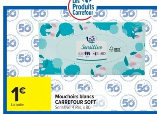 Mouchoirs blancs CARREFOUR SOFT Sensitive, 4 Plis, x 80