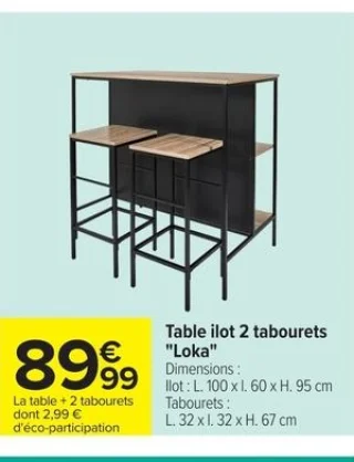 Table ilot 2 tabourets "Loka"