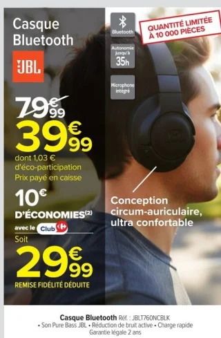 Casque Bluetooth JBL Référence JBLT760NCBLK